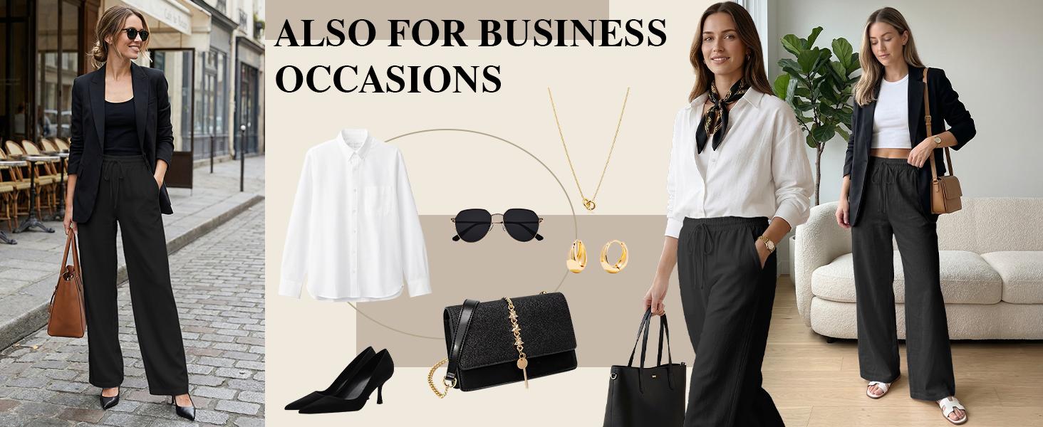 Womens Casual Linen Wide Leg Pants Flowy Drawstring High Waist Palazzo Beach Vacation Trousers