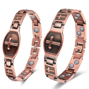 Thame 2PCS Men Copper Magnetic Bracelets for Couple Double Row 99.9% Solid Pure Copper Cross Bracelet Gift with Adjustment Tool