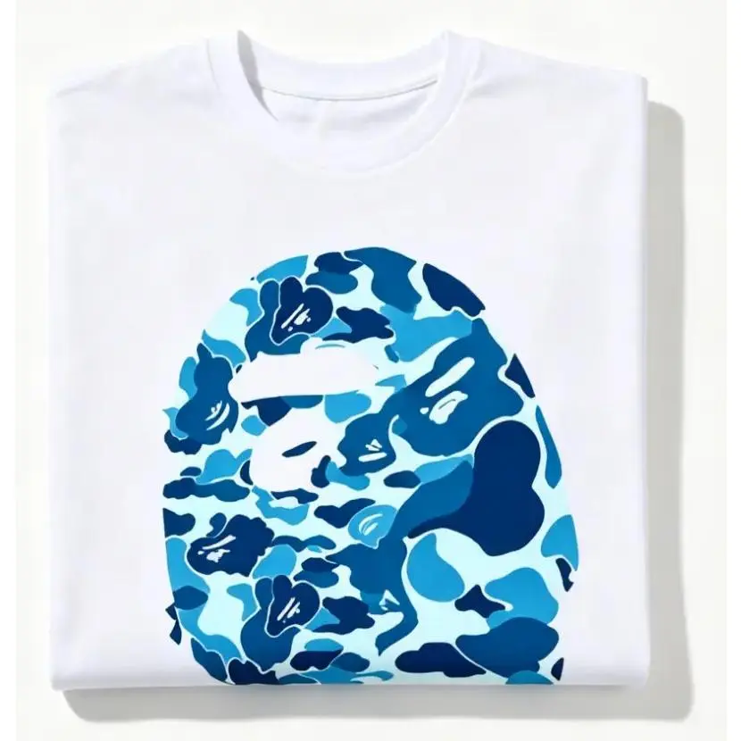 Vintage Blue Shade Camo Monkey Outline Print Casual T-Shirt Street Style Short Sleeve Top For Youth Men Women Graphic Tee
