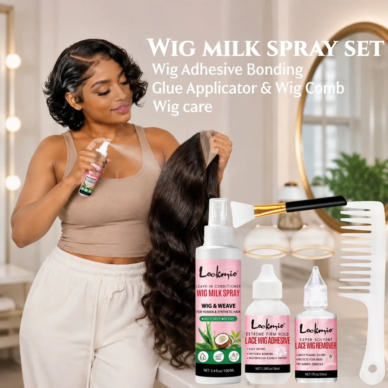 Wig Milk Spray, Wig Glue & Glue Remover All-in-one Wig Wearing Accessory Set 2-in-1 no-rinse conditioning spray for wigs & human hair Anti-frizz & anti-tangle effect Strong hold wig adhesive, zero residue Comes with silicone brush & HD wig cap