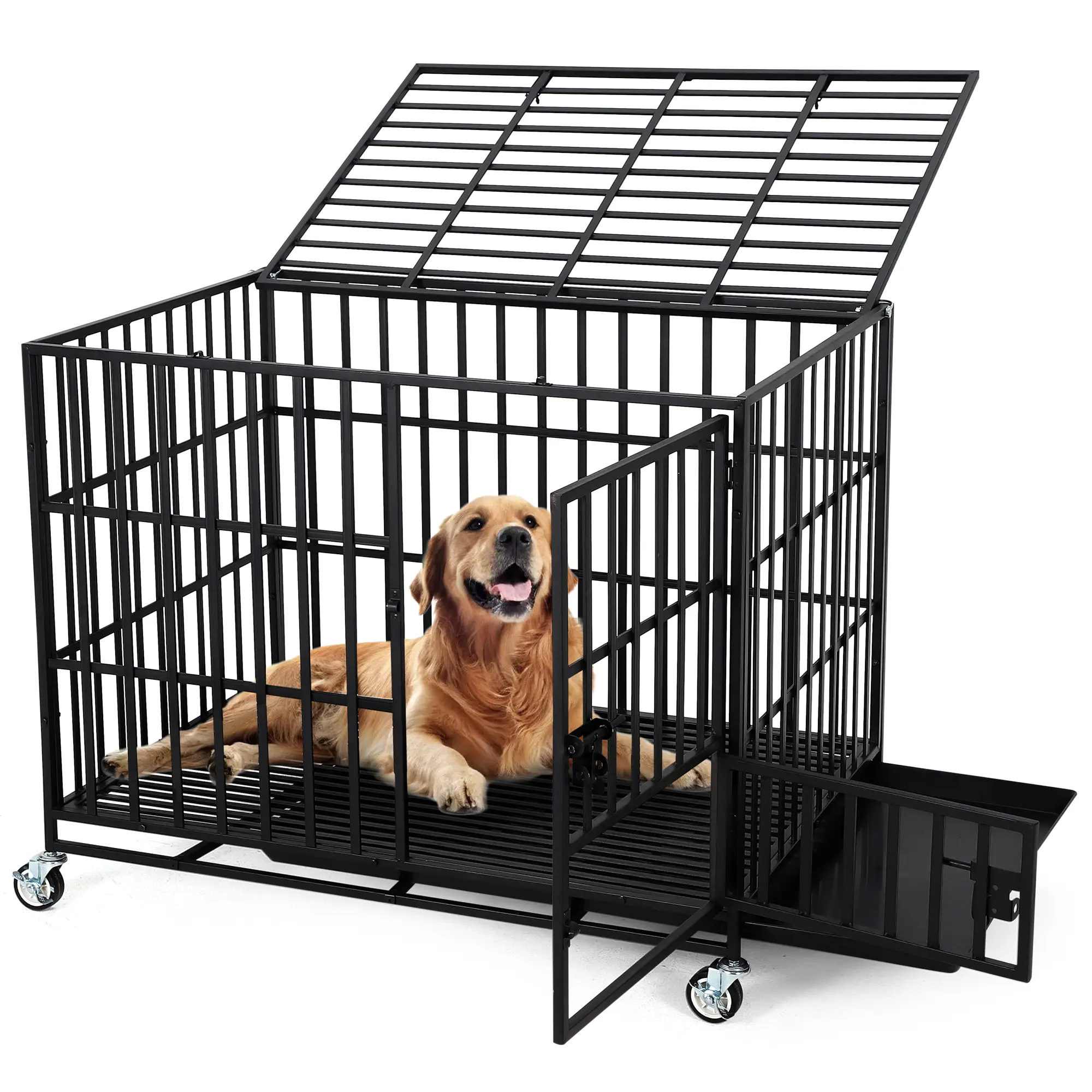 Escape-Proof Heavy Duty XXL Dog Crate – Indestructible Metal Kennel with 3 Doors, Removable Trays, Locking Wheels, Secure for Large/Medium Dogs, High Anxiety Pet Cage