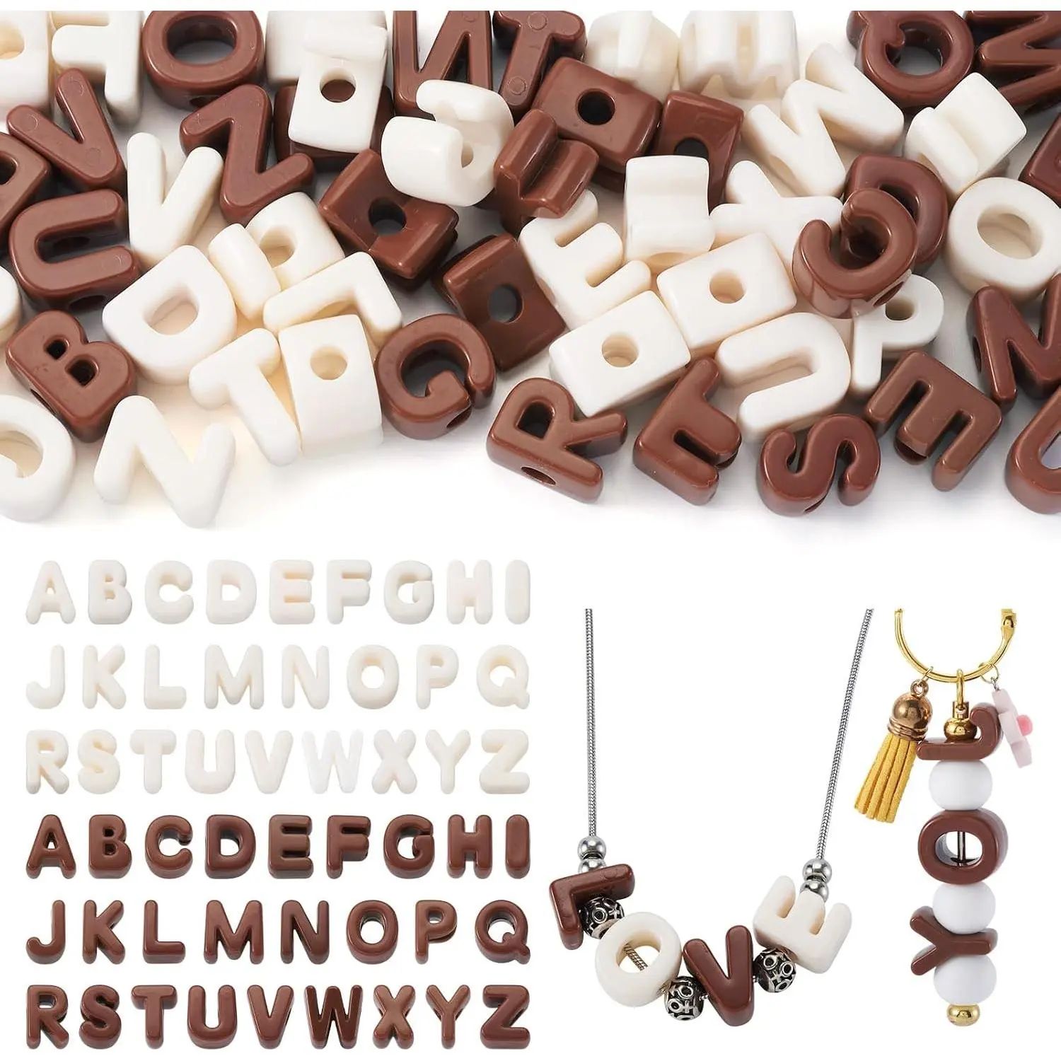 52Pcs Large 3D Acrylic Alphabet Letter Beads in Brown Cream White, Slide Initial Beads with Horizontal Hole for Bracelets, Necklaces, Chokers, Wristbands & Jewelry MakingGift