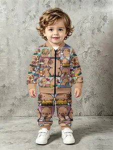 Plaid patchwork cute capybara daily printed digital jacket with extended pants for young kids, fashionable casual children's clothing set, suitable for baby boys' daily outings and outdoor sports, a perfect gift for baby boys