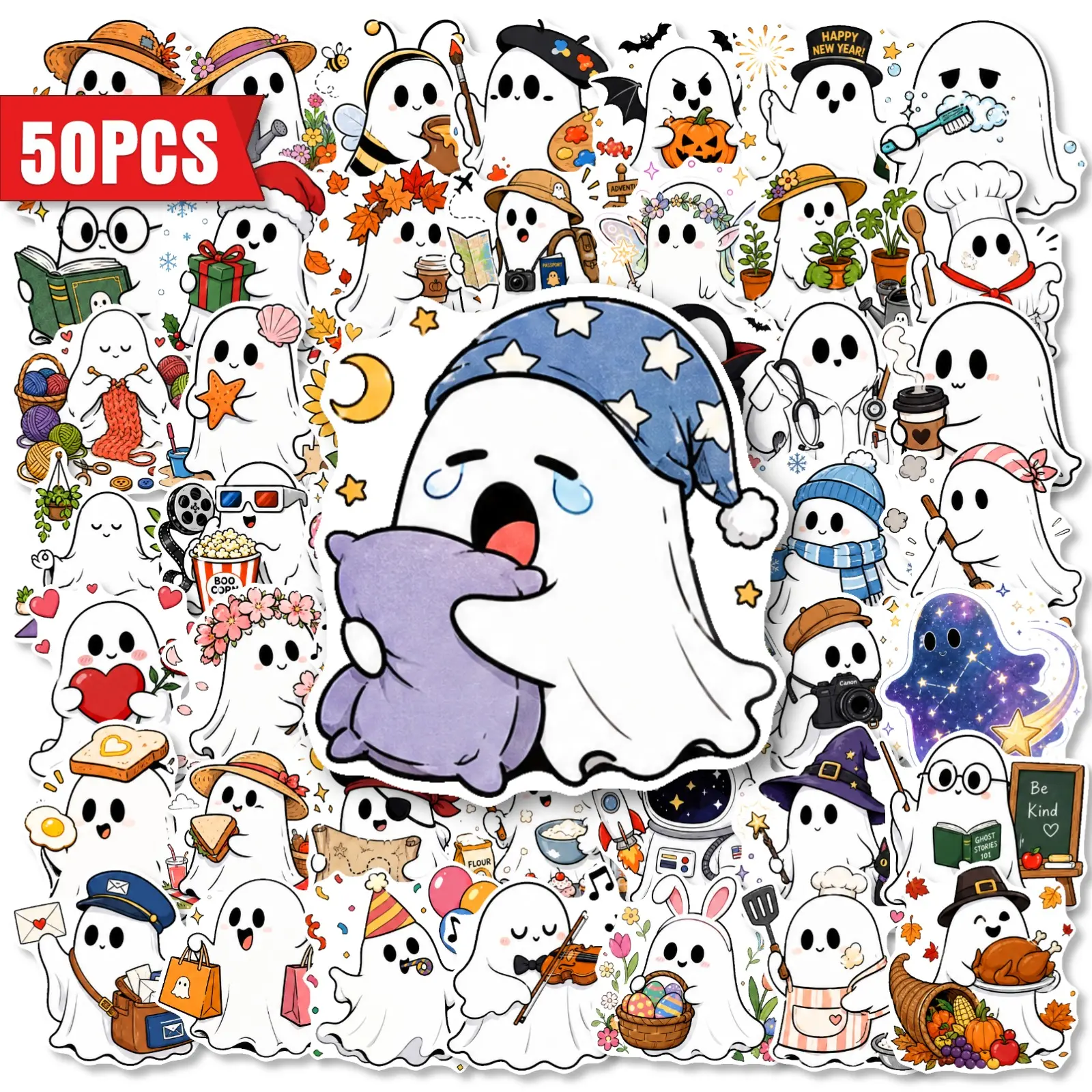 50pcs Cute and Playful Halloween Ghost Stickers-uplifting Office Gifts Perfect for Self-expression and Gifting, Featuring Motivational Designs To Brighten Up Your Living or Workspace.