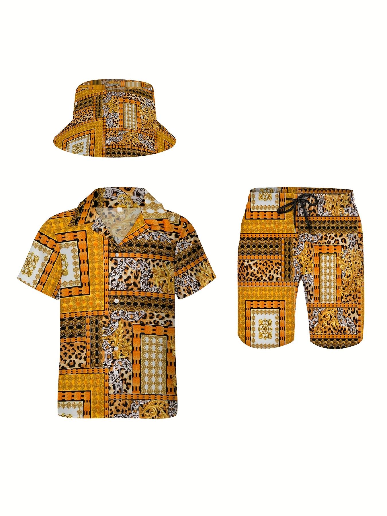 3pcs Mens Hawaiian Shirt And Shorts Bucket Hat Set, Golden Luxury Leopard Baroque Pattern, Soft Fabric Breathable Shirt, Button- Short Sleeve Casual Beach Shirt with Straw Hat Set