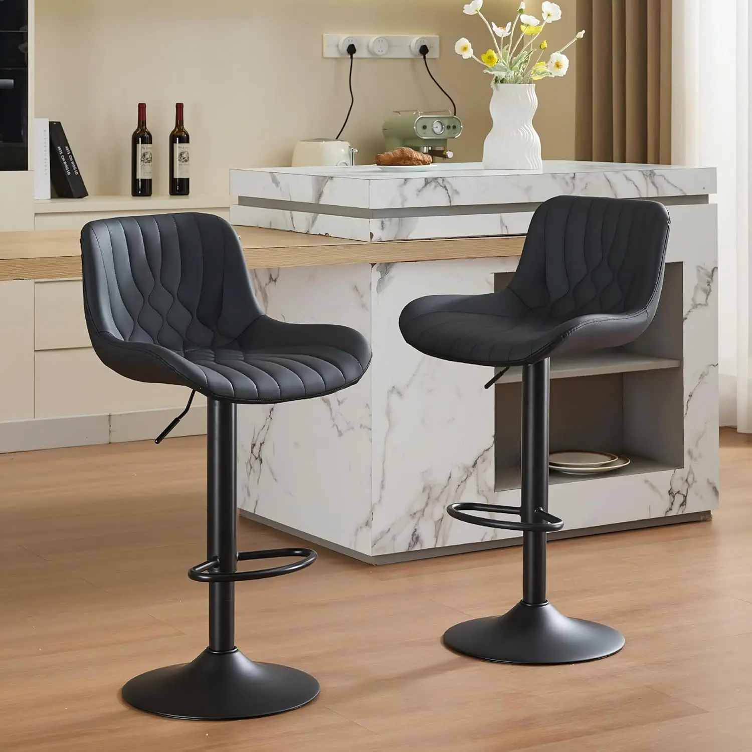Bar Stools Set of 2, Swivel Adjustable Barstools with Backs, Black | Modern Faux Leather Upholstered Counter Height Bar Chairs for Kitchen Island,Dining Room and Breakfast Bar Counter. sohochic