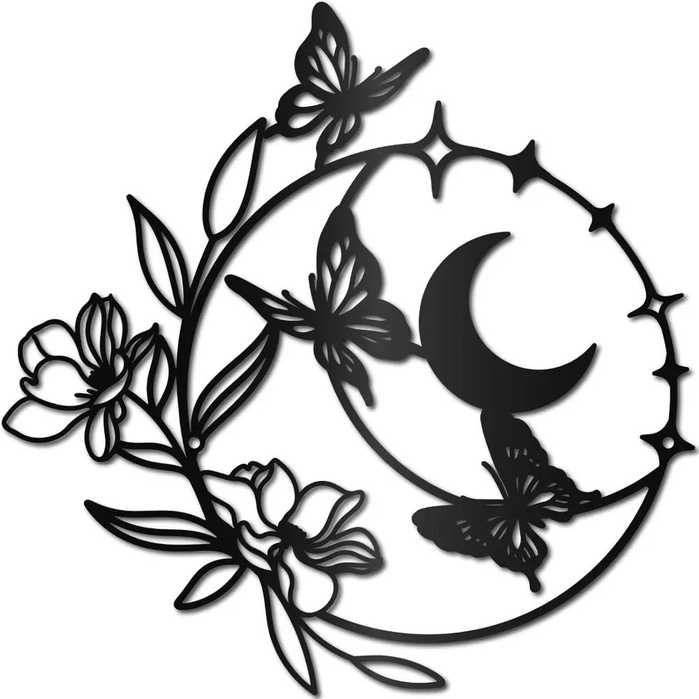 Black Metal Wall Decor Round Flower Wall Art Butterflies Moon Wall Sculpture Hanging Wall Iron Artwork Decor Wall Signs Decoration for Indoor Outside Living Room Home 12 x 12Inch