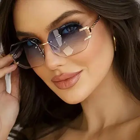 Women's Rectangular Street Style Sunglasses - Trendy Streetwear Rimless Minimalist Metal Frame, Female Casual Outings Sports & Outdoor Designer Eyewear Accessories
