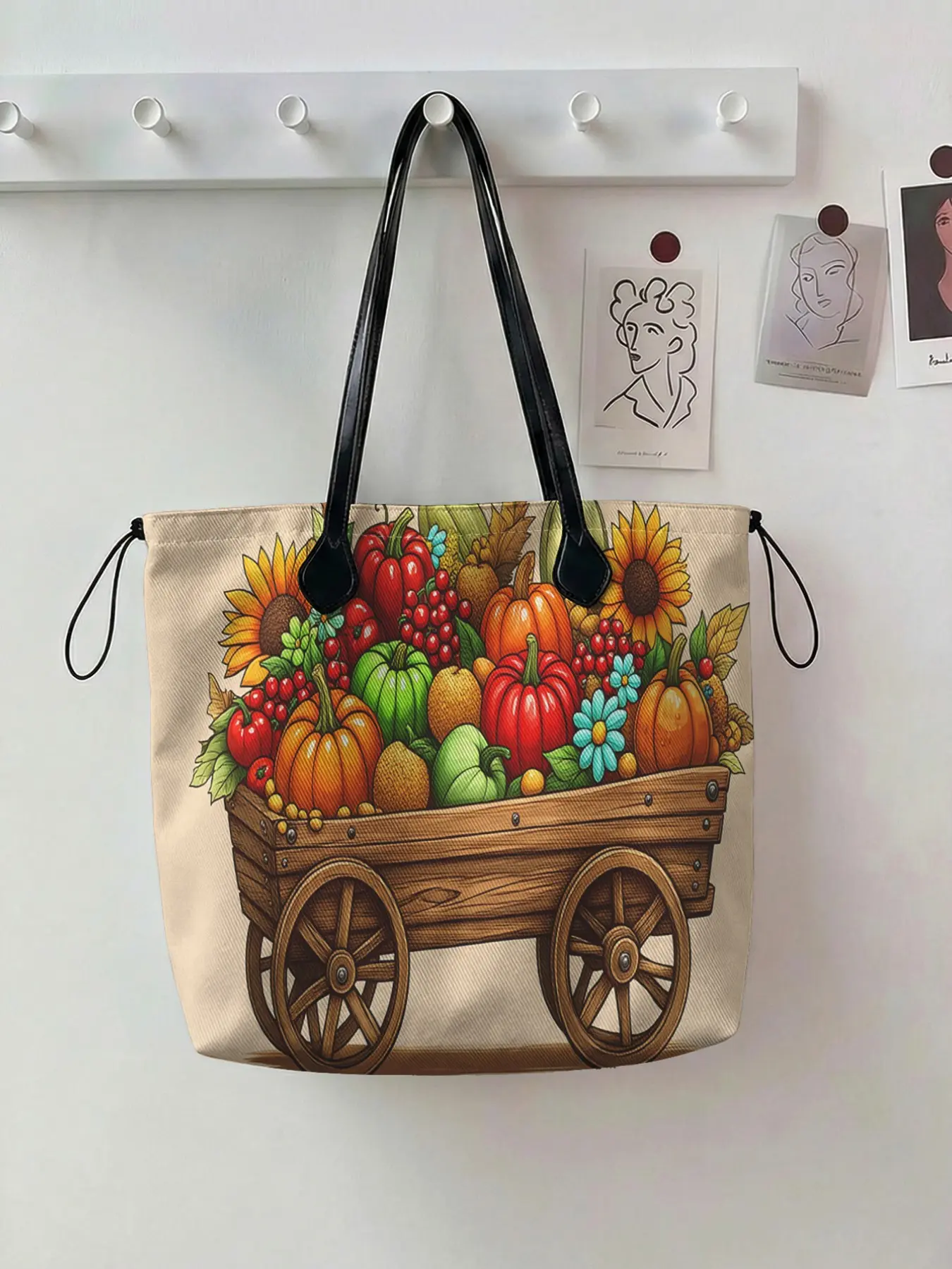 Fruit Pattern 2D Printed Drawstring Tote Bag, Large Capacity Shopping Bag, Durable and Wear-Resistant, Ideal for Work, Shopping, Picnic