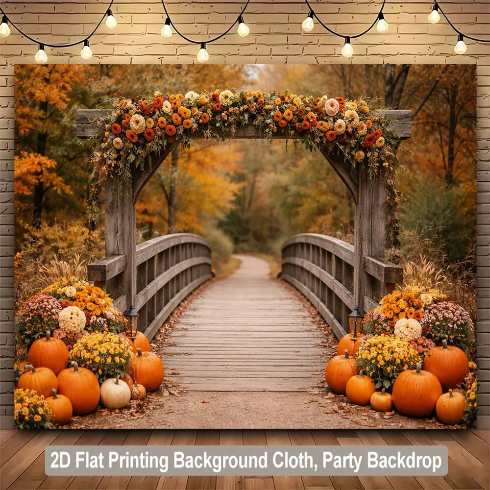 HD Print 2D Flat Polyester Photography Backdrop - Digitally Printed, Soft, Lightweight, Foldable, Machine Washable Pumpkin Bridge Cloth for Weddings, Portraits, Product Photos