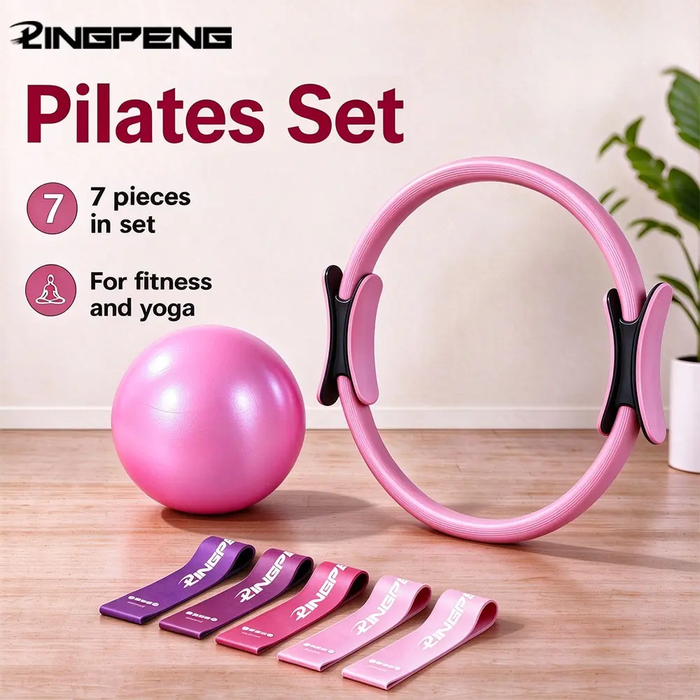 7Pcs Yoga Pilates Accessories Set, Magic Pilates Ring, 25cm Mini Exercise Ball, 5 Levels Resistance Bands, Portable Home Gym Training Kit