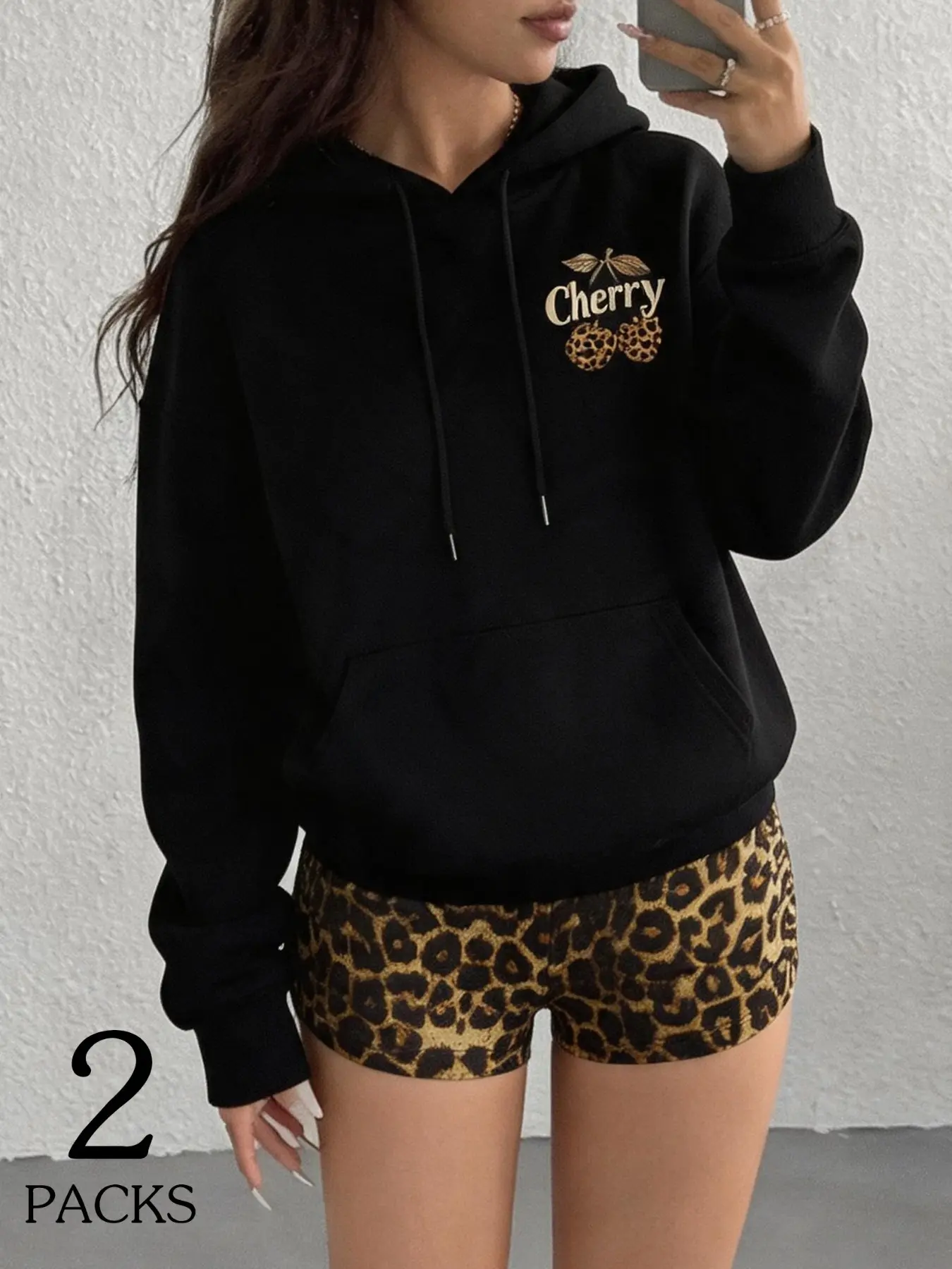 2Pcs Women Leopard Cherry Print Hoodie & Shorts Outfits, Casual Long Sleeve Hooded Sweatshirt with Pocket + High Waist Short Set, Bohemian Outfits Fall Aesthetic Outfits Trendy Outfit Inspo Fashion for Ladies Daily Streetwear Going Out