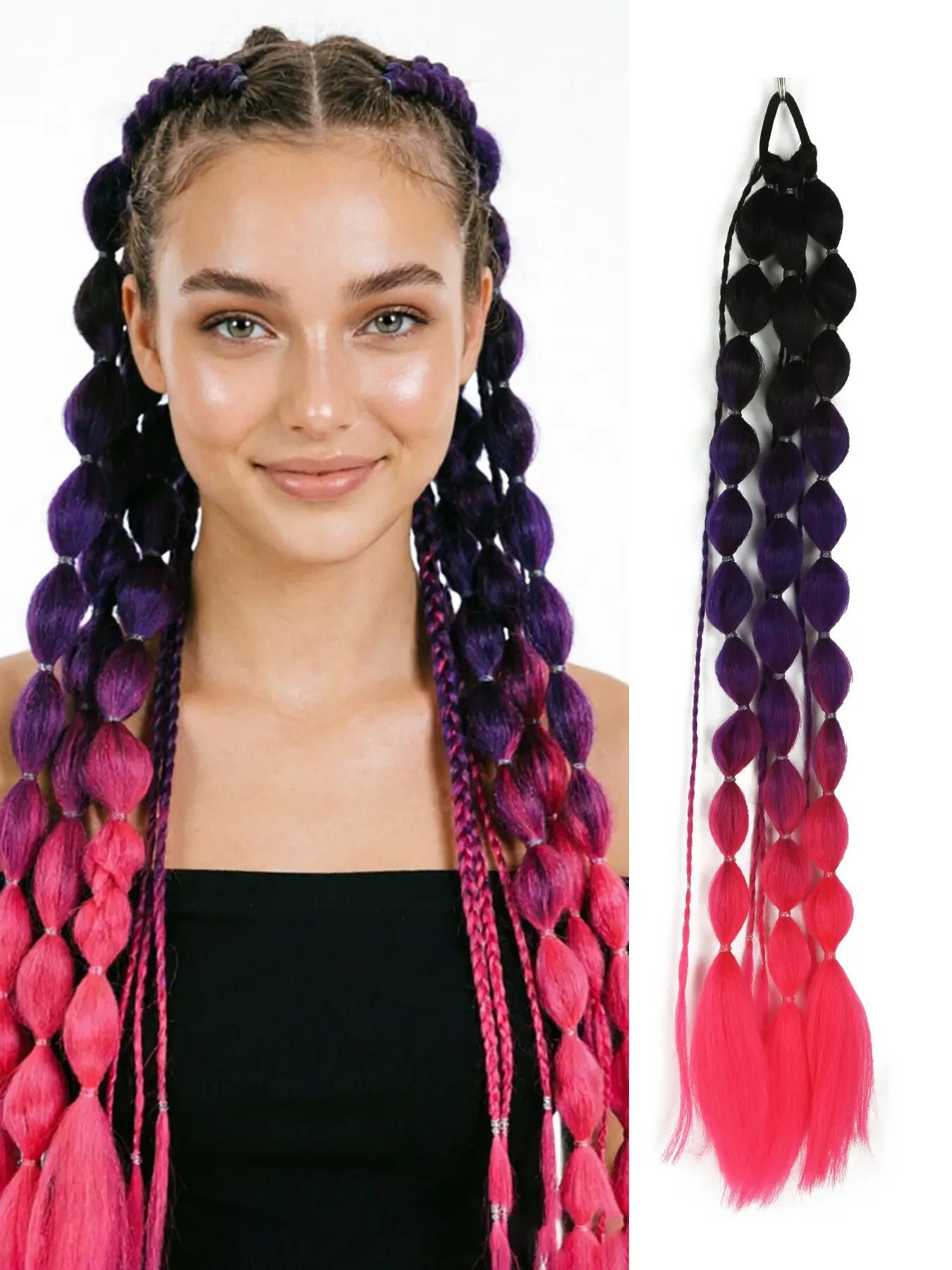 Lightweight, long, ombre synthetic ponytail extension (26 inches)—deep purple to rose-pink gradient bubble ponytail with an elastic hair tie; a unique hair accessory for women and girls, perfect for "Crazy Hair Day," music festivals, parties, and cosplay