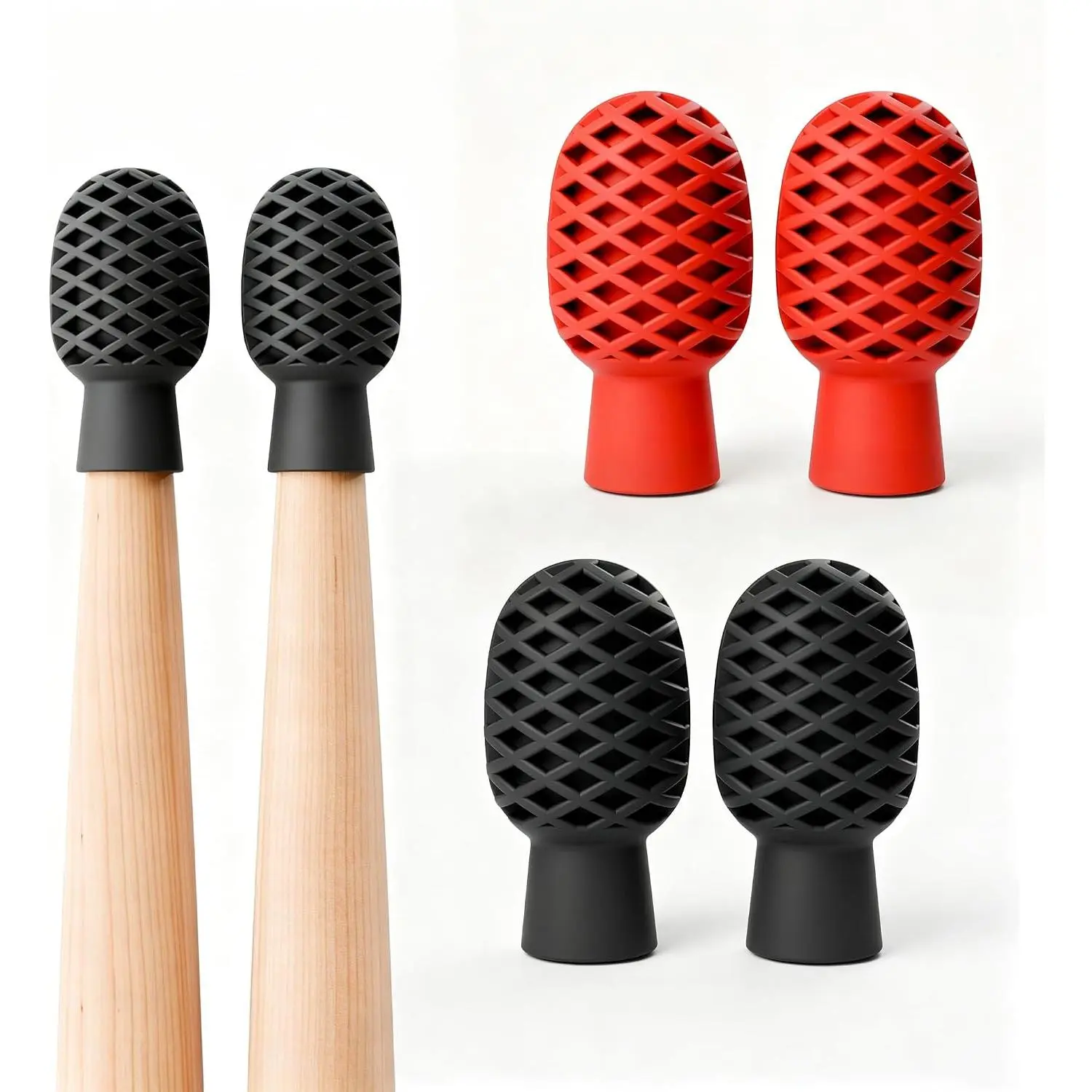 Drumstick Muting Tips Drumstick Dampeners For Practice, of Drum Practice Pad, Drumstick Tips Mute Clacking Sound From Sticks  Solid Surfaces (2Blk+2Red)