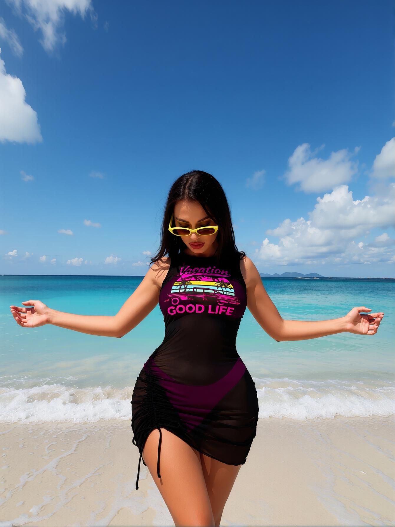 2026 Fashion Casual Vacation Beautiful Life Printed Two-Piece Set Popular Retro Swimsuit Side Ruching Suitable for Beach Vacation Pool Party