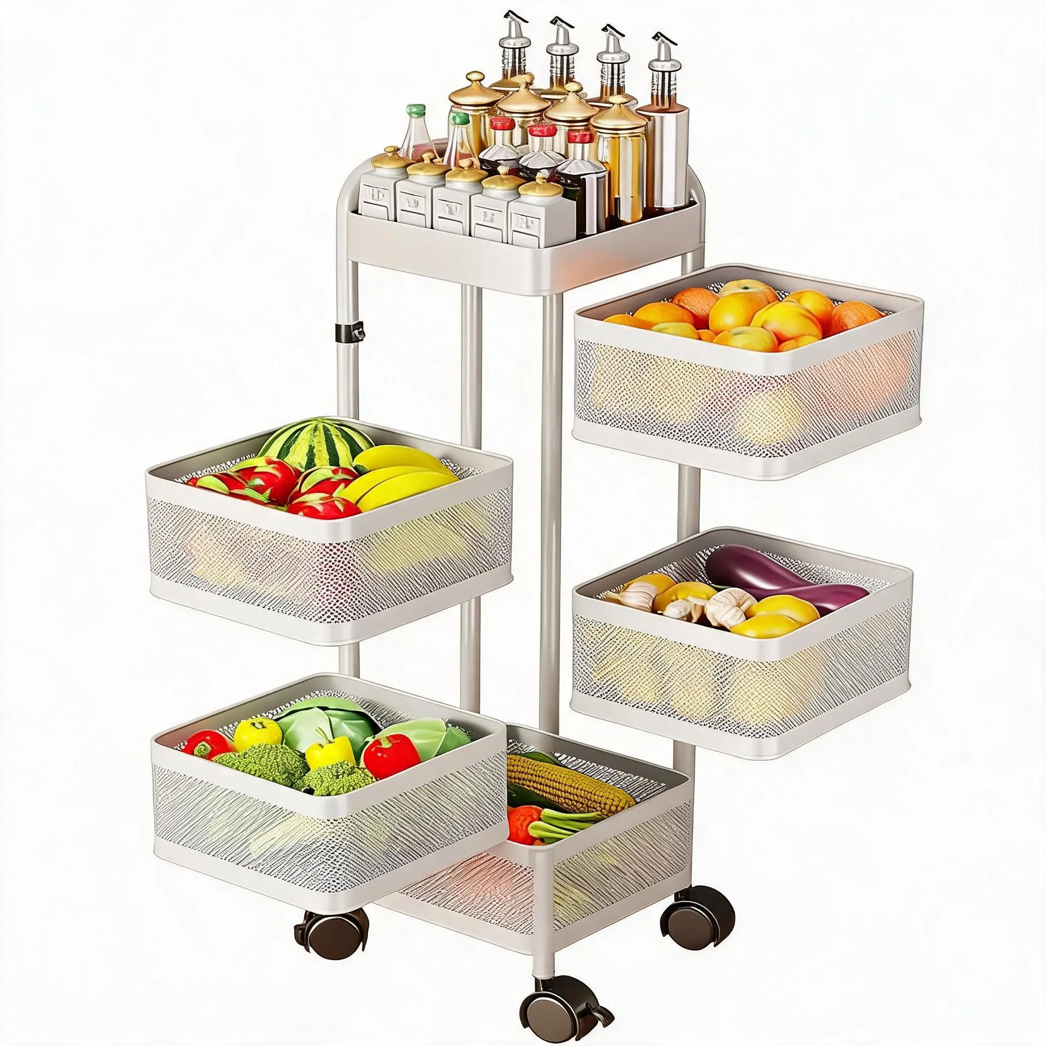 Space-Saving Rotating Kitchen Storage Cart – 5-Tier Thickened Carbon Steel Organizer with Wheels, Top Lid, Rotating Fruit & Vegetable Basket, No Assembly – Black, 5 Layers