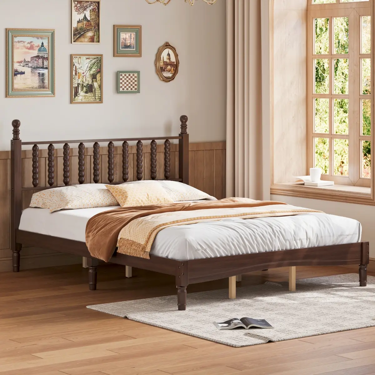 Natural Wood Queen-Size Platform Bed Frame with Gourd Headboard, Walnut Finish, 84.6x63.3x45in, 500lbs Weight Capacity, Plywood+Wood Slat Support, Retro Style, Requires Assembly