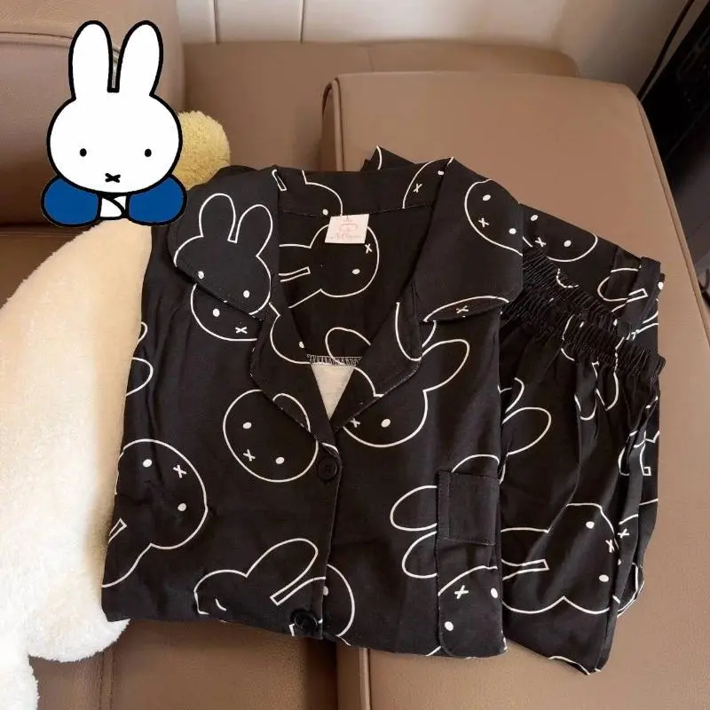 Lady's Miffy Cartoon Rabbit Head 100% Cotton 2-Piece Pajama Set - Longsleeves Long Pants Nightwear, Soft Touch Homewear for Spring/Autumn Indoor Use, Rabbit Print