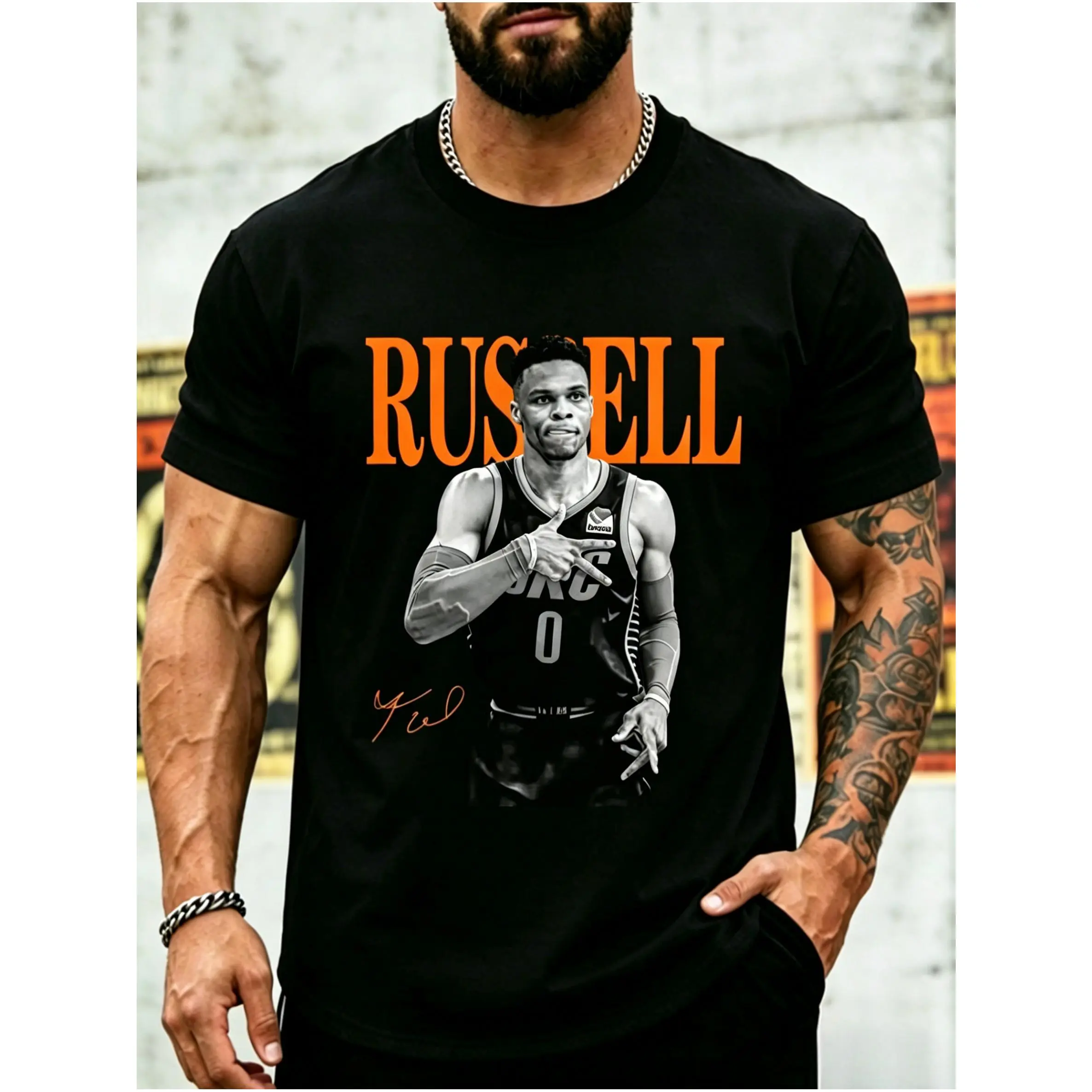 Men's Westbrook Printed Logo T-Shirt - Black with Orange Letters, 100 Cotton Elastic Fabric Short Sleeve Tops, Sports Fan Daily Casual Crew Neck Tee, Machine Wash All-Season Fan Merchandise, All Seasons