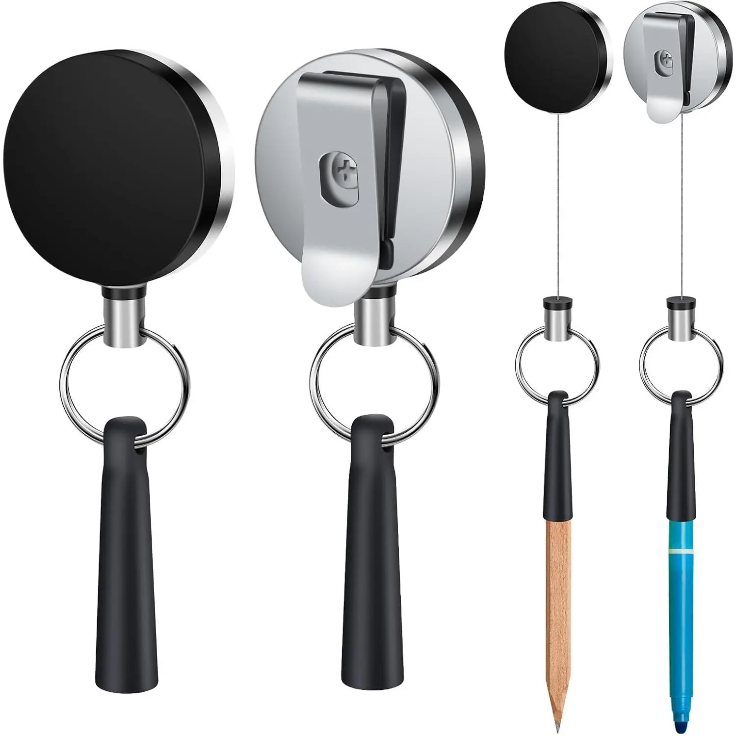 2 Pack Heavy Duty Retractable Pen and Pencil Holder with  Grip | Flexible  grip holds carpenter pencils, pens and markers; 31.5 in steel cord and belt clip allow quick access
