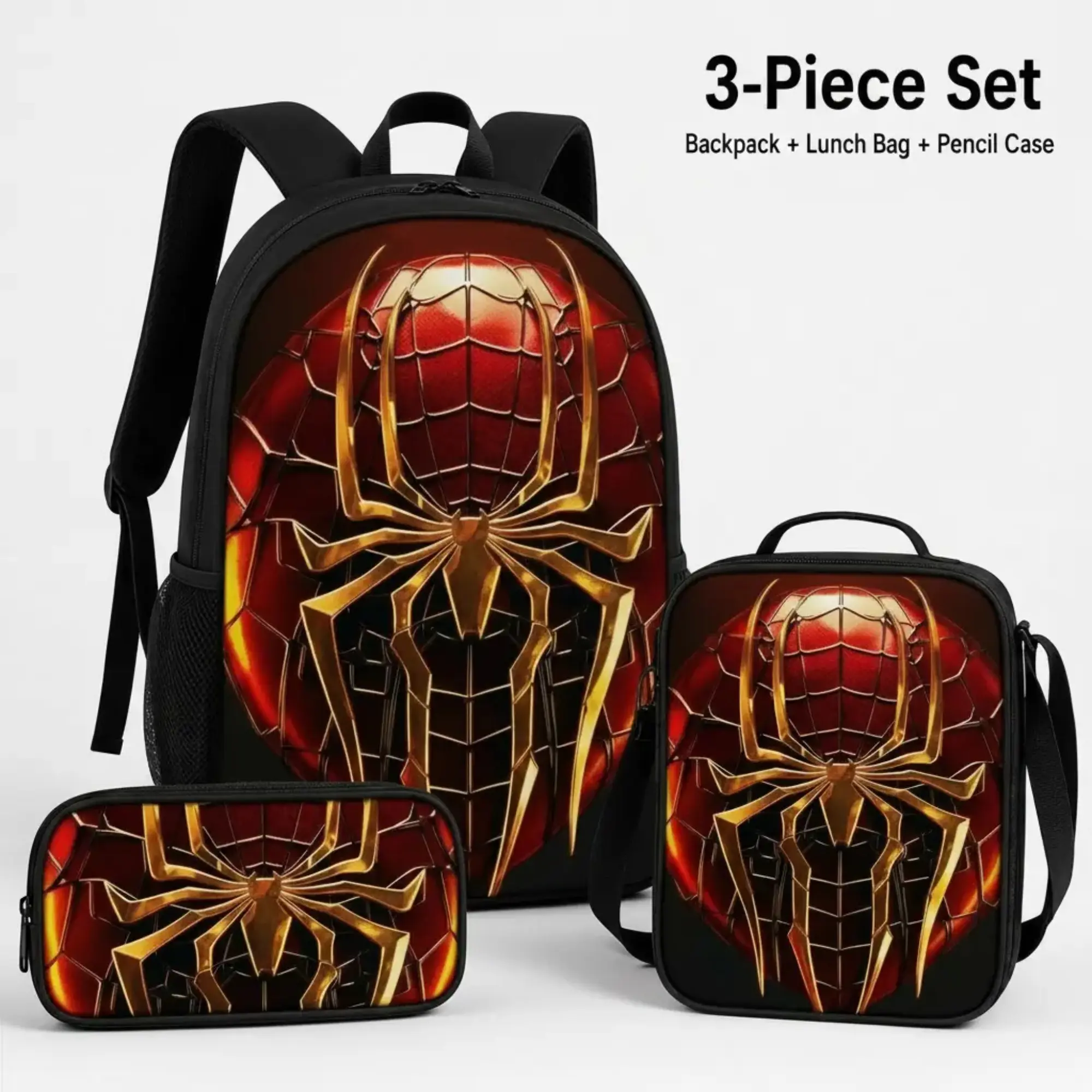 Boys' Superhero Backpack Set, 3-Piece Water-Resistant Oxford Daypack with Metallic Spider Armor Print, Includes Lunchbox for School Use, Boys Pack, Oxford Cloth, Superhero Theme