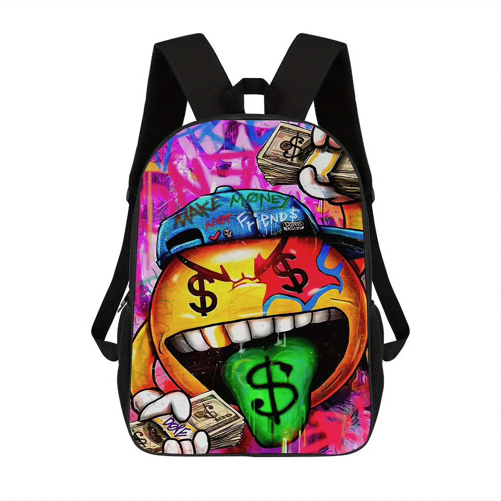 Make Money Not Friends Dollar Emoji Graffiti Backpack, Hip Hop Cash Street Art 600D Oxford 15in Laptop Bookbag For Men Teens Streetwear School Travel Urban Daypack Gift