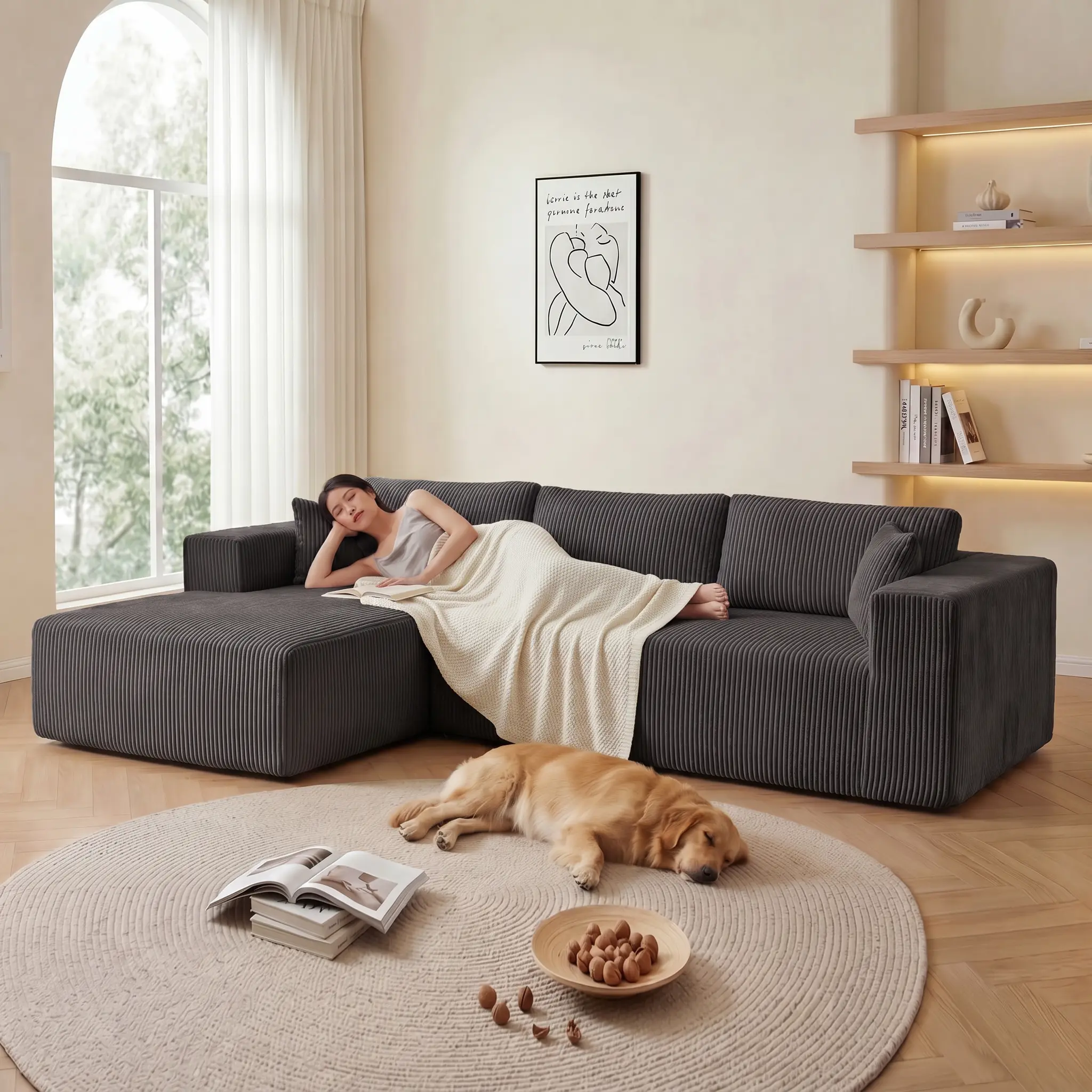 ARCH Modular Sectional Sofa Cloud Couch with Deep Seat L-Shape Chaise Upholstered Boneless Corduroy 3-Seat Soft Foam Living Room Furniture Antique Grey No Assembly Needed 600lbs Capacity, Antique Grey Color Options, Foam Material, 3 Seat Seat Count