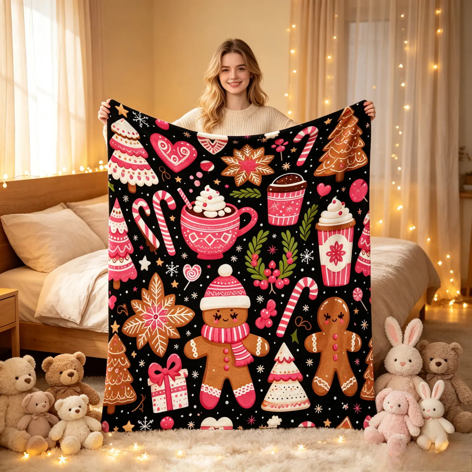 Ultra Soft Powder Pink Classic Gingerbread Man Christmas Flannel Throw Blanket - Digital Print Xmas Candy Tree Hot Cocoa Design, Living Room Decor for Indoor Sofa Bed, Perfect Holiday Gift (TikTok Viral Amazon Must-Have)