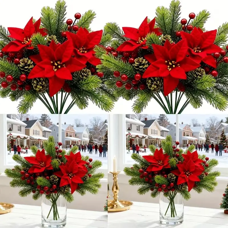 18-Piece Christmas Artificial Flower Arrangement Kit, Poinsettia, Pine Needles, Berries, DIY Holiday Bouquet Decorations