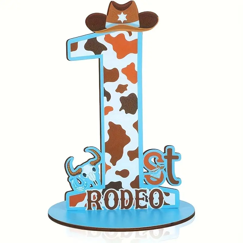 1 piece Western Cowboy 1st Birthday Wooden Tabletop Ornament, Cow Pattern Number One Cow Skull Hat Wood Table Sign, My First Rodeo Baby Boy Birthday Party Table Centerpiece Decor