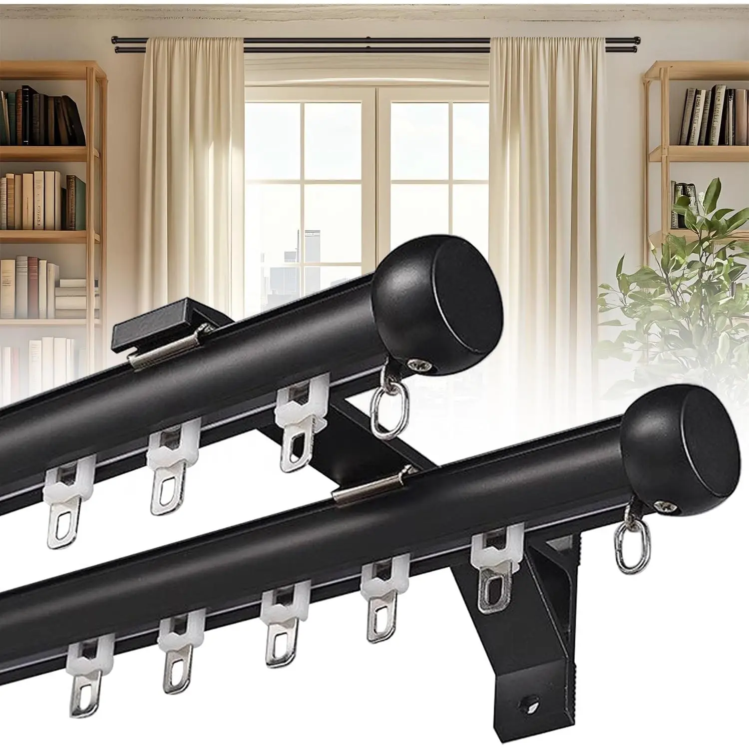 Double Curtain Rod for Windows, Heavy Duty Drop Curtain Dual Track with Aluminum Brackets Wall Mount, Silent Curtain Rails System for Room Divider Living Room Bedroom Hospital (Black, 2.2m(7.2ft)