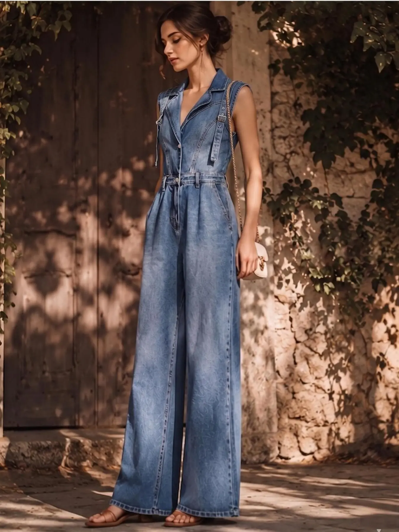 American Vintage Denim Overalls Jumpsuit, Sleeveless Waist Cinched Hot Girl Style, Wide Leg Overall Pants, Retro Fashion Women's Clothing, Fashion Casual Overalls