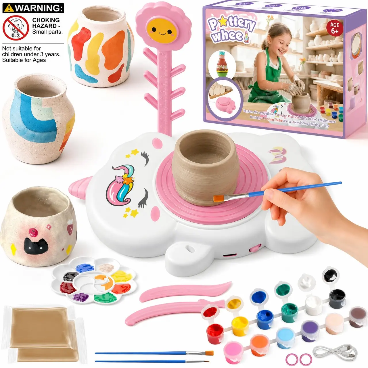 Pottery Wheel for Kids,Ceramic Art Kit with 250g Air-Dry Clay, Painting Tools, Stem Craft Toy, Birthday Christmas Gift for 6‑12 Boys Girls
