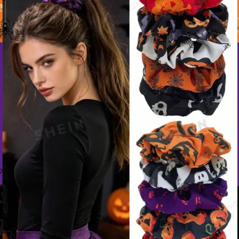 4-Pack Halloween Pumpkin and Skull Print Scrunchies, Women's Elastic Hair Bands, Festival Party Accessories for All Seasons, Decorative Hair Accessories