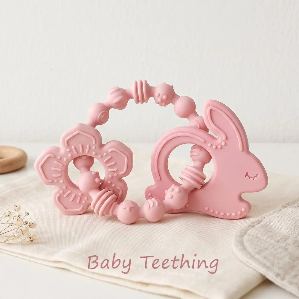 Silicone Teething Bracelet for Babies, Textured Sensory Teether Ring with Bunny Charm and Wood Ring, Teething Rings for Babies, Safe Rubber Teethers for Infants