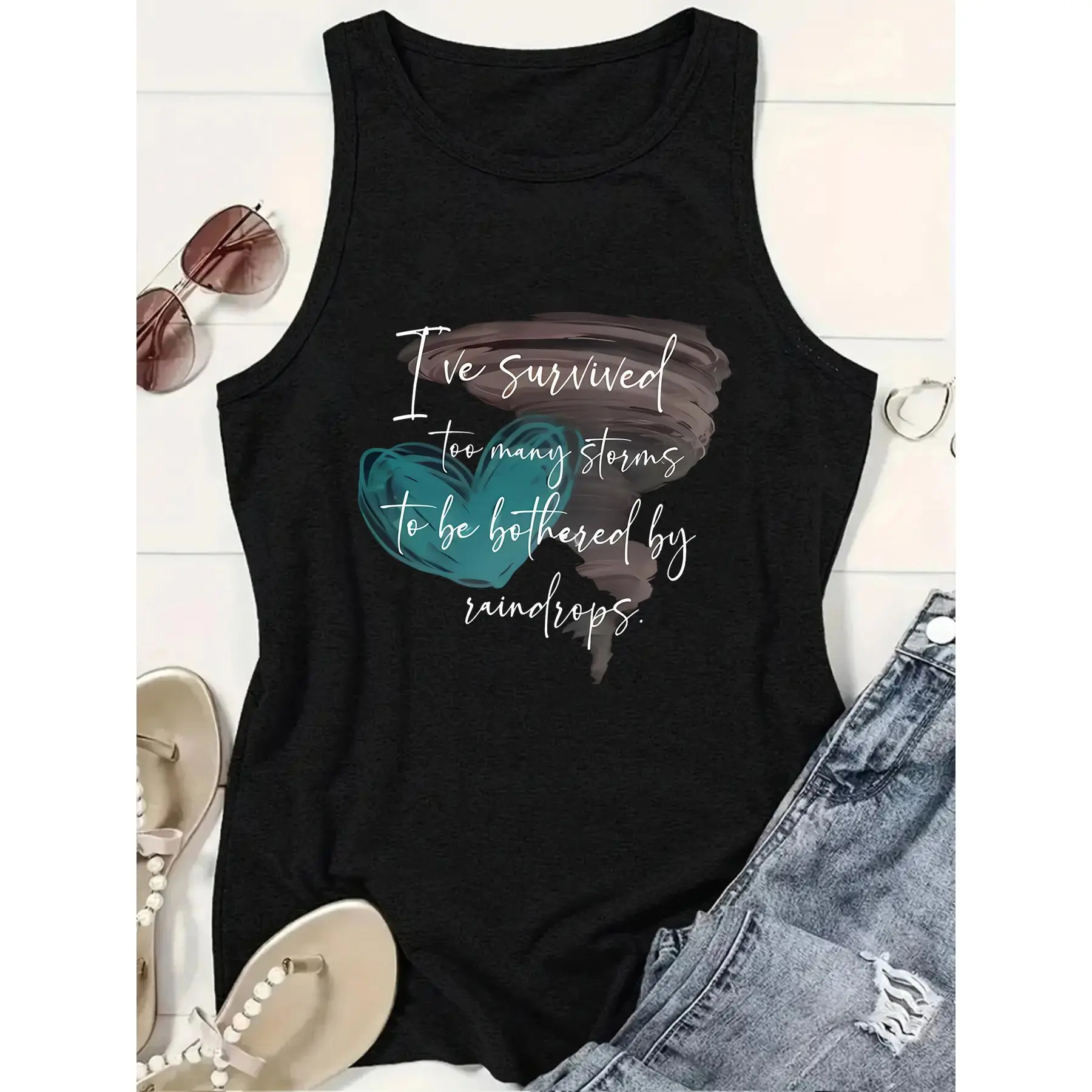Women's Sleeveless Crew Neck Printed Vest - "I've Survived Too Many Storms" Tornado & Heart Graphic, Empowering Casual Top, Soft Lightweight Breathable Fashion Apparel, Fits Resilient Individuals, Inspirational Gift