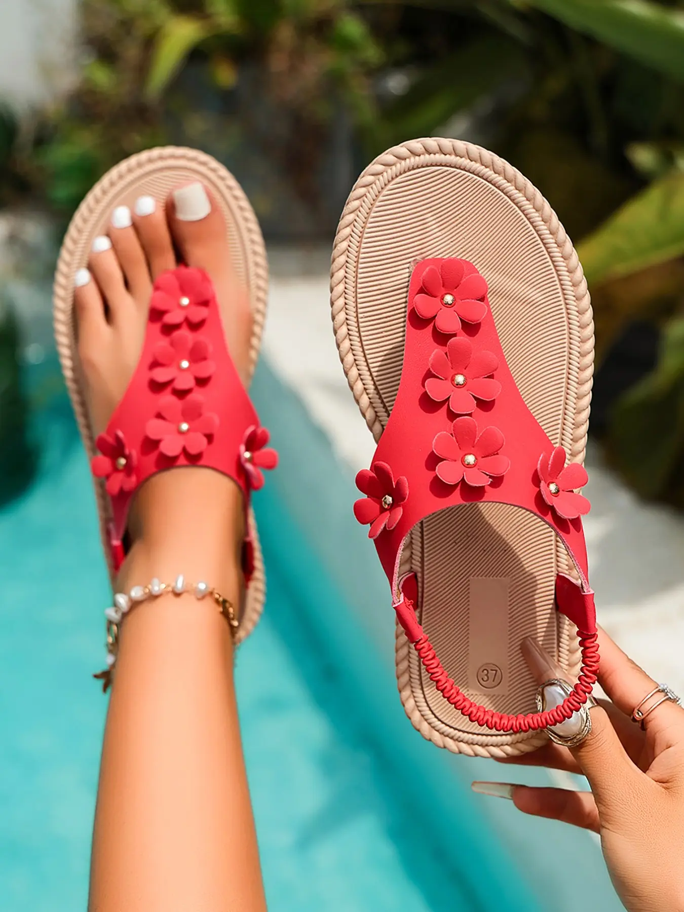 Elegant Pearl Sandals, Soft Sole Anti-Slip Braided Flip Flops, Lightweight Multicolor Round Straps, Perfect for Beach & Shopping