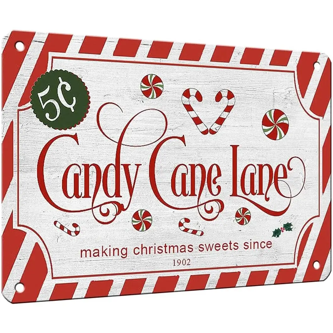 Vintage Tin Christmas Candy Cane Lane Rectangle Wall Decor Sign, 8x12 in/12x8 in Retro Red Striped Metal Painting for Festive Home Decor, Shop Display