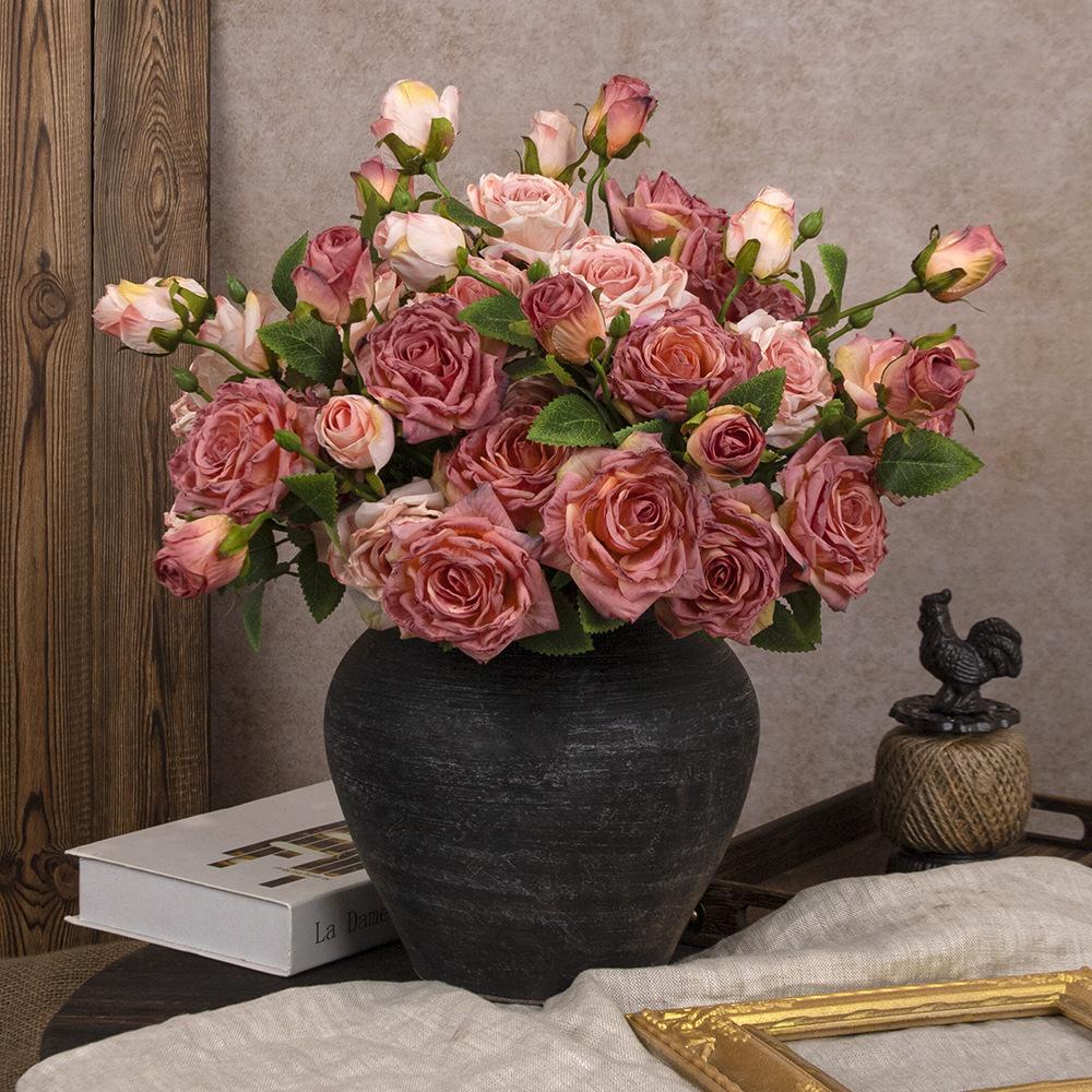 French Style Artificial Single Branch 3-Head Burnt Edge Rose Vintage Home Living Room Decoration Fake Dried Flower Bouquet High-End Feel
