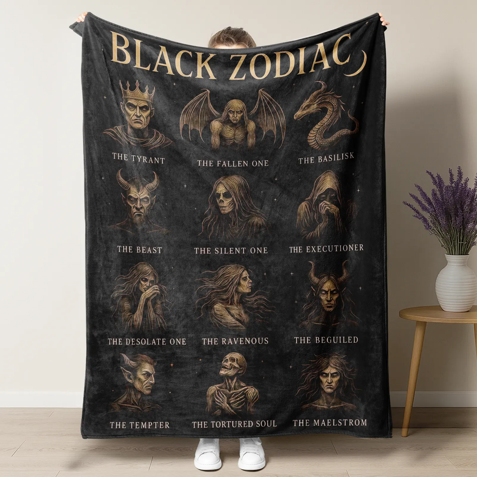Vintage Dark Sepia Black Zodiac 12 Dark Entity Grid Art Blanket, Featuring The Tyrant Fallen One Basilisk Gothic Horror Character Chart, Ideal For Goth Occult Dark Aesthetic Fans