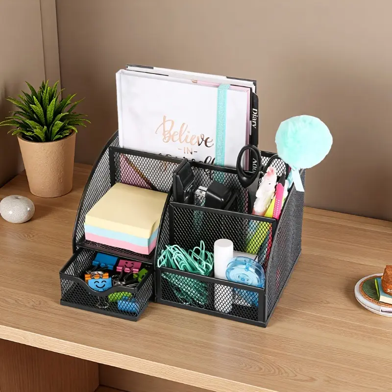 Metal Mesh Desk Organizer Box with Drawer and 6 Storage Compartments, Modern Office Storage, Space-Saving Design
