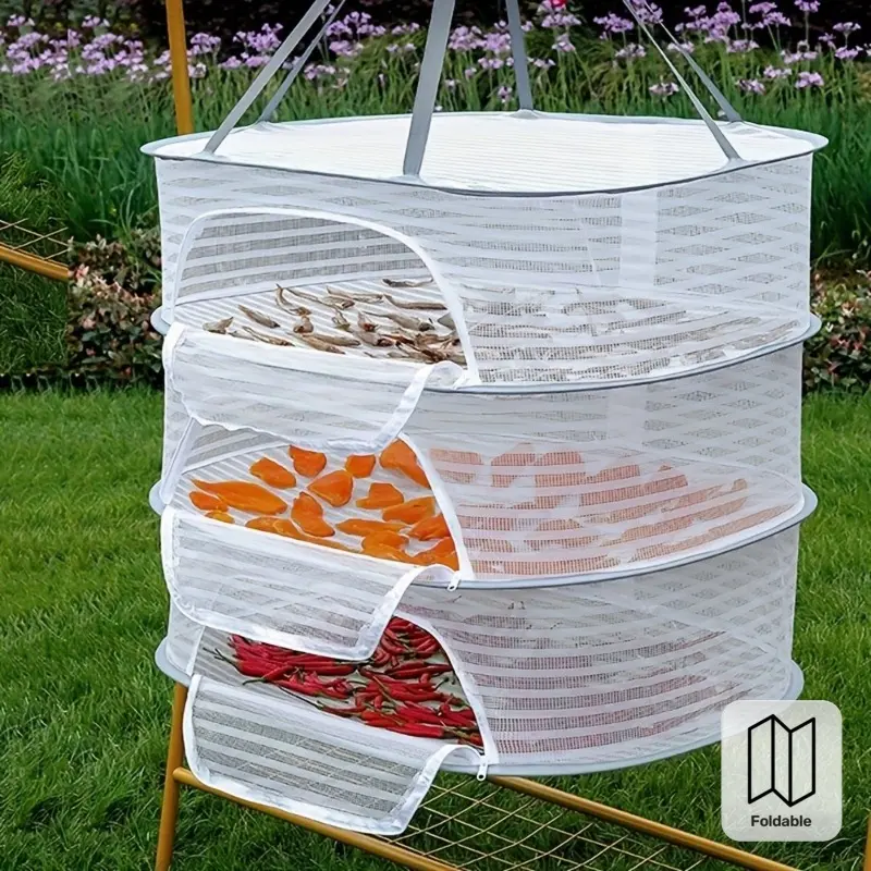3/2 Tier Foldable Drying Rack with Zipper Closure, Space Saving Grid Dryer with Carrying Handles for Herbs Vegetables Fish Fruits, Easy Clean Fabric for Home Kitchen Garden Camping Parties