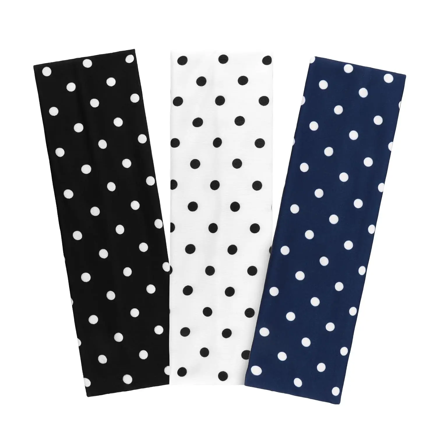 Polka Dot Headbands for Women 3 count Stretchy Wide Headbands Non-Slip Soft Fabric Hairband Hair Accessories for Gym Yoga Makeup Washing (White, Black, Navy Blue)