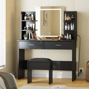 GARVEEVanity Desk with Lighted Mirror and Adjustable Brightness, Makeup Vanity Set with Desk, Chair, Power Outlet, 6 Storage Shelves, 2 Large Drawers, Cushioned Stool, Available in Black, White, and Pink