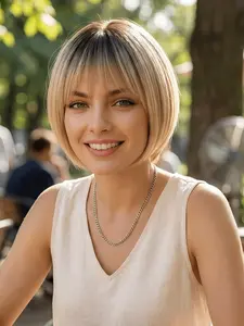 Premium Short Bob Cut Wig with Bangs for Women – Summer Wigs 8" Sleek Straight Synthetic Wig, Natural Looking Layered Hair with Razored Ends, Lightweight & Breathable Cap for Daily Wear (Ombre Blonde Mix)
