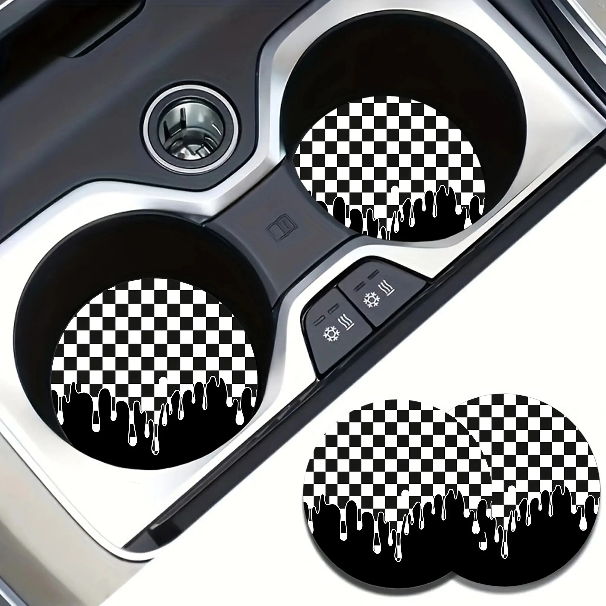 2pcs Checkerboard Car Cup Mats, Absorbent Cup Holder Pads, Non-Slip Rubber Base, Universal Decorative Cup Mats for Car Interior, Car Interior Accessories, Car Accessory