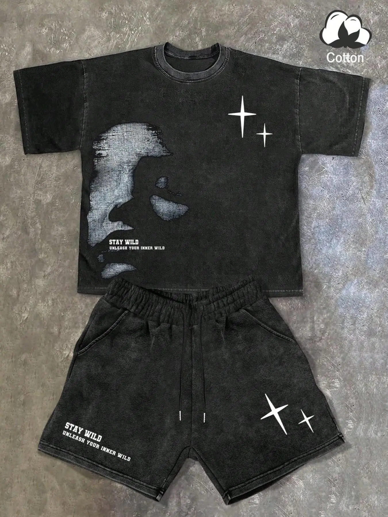 Men's Short Sleeve Shorts Set, Vintage Wash Street Fashion Two-Piece, Graphic Digital Print Round Neck T-Shirt & Drawstring Shorts
