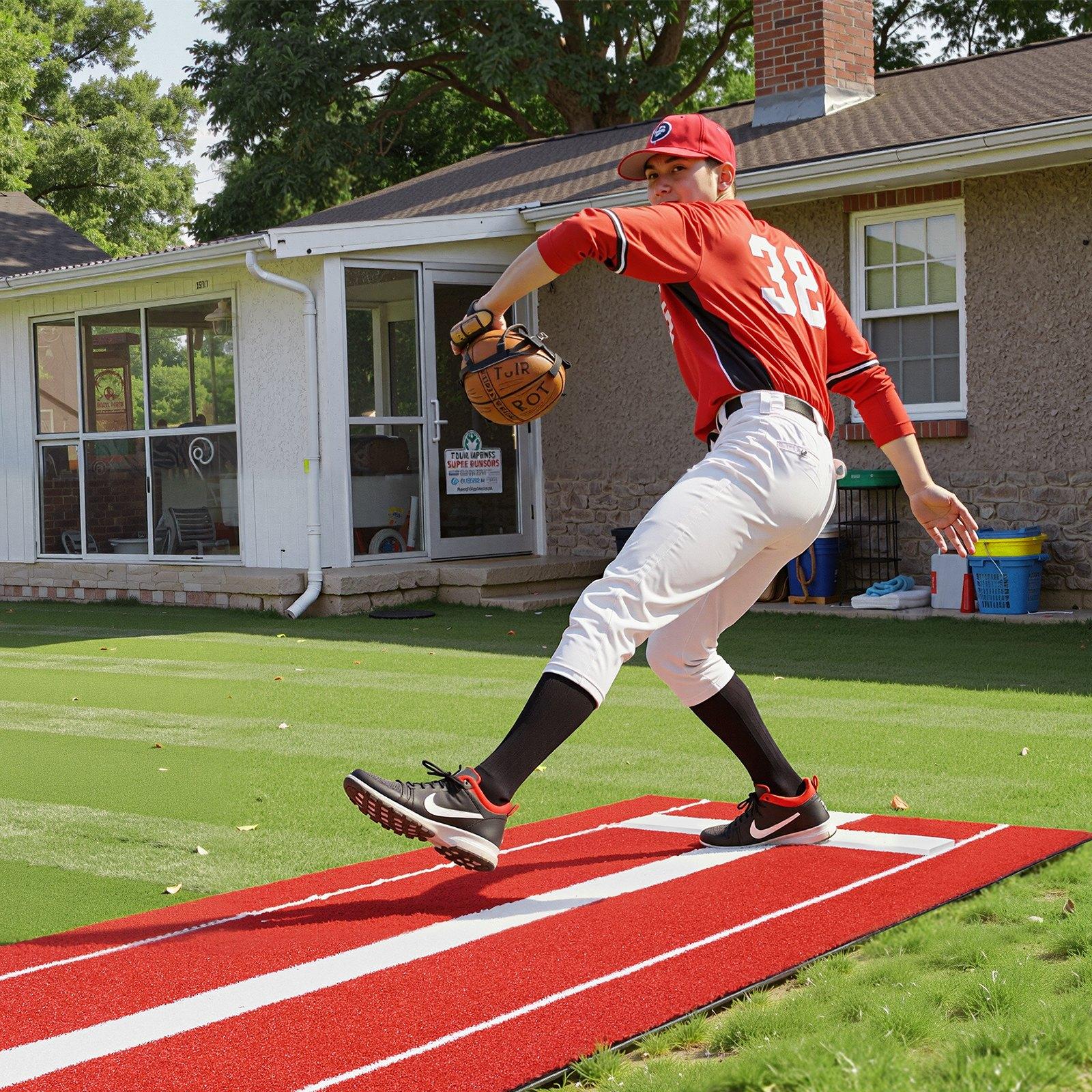 VEVOR Softball Pitching Mat, 10x3 ft Baseball Pitching Rubber Mound, Antifade Turf and Antislip Foam Backing Portable Training Aid, Fastpitch Equipment for Pitchers Indoor Outdoor Practice, Red