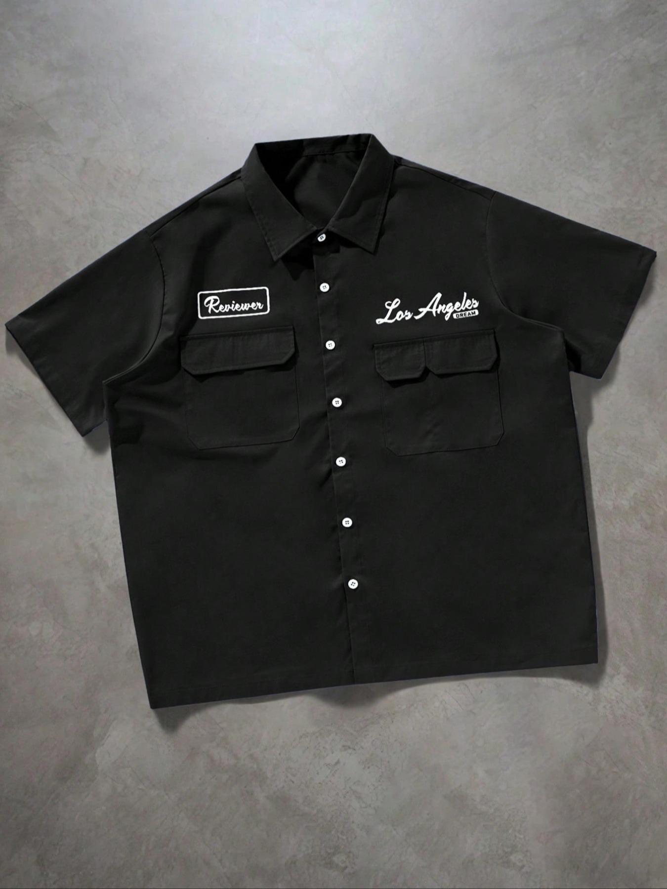 Men's Solid Pocket Short Sleeve Shirt, Button Up Pocket, Loose Casual Comfy Button Design Top for Daily Wear, Men's Clothes for Summer, Tropical