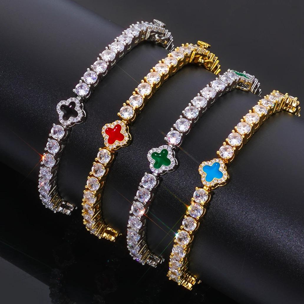 Women White Gold Plated Tennis Bracelet Iced Out CZ Chain Red Green Blue Black Clover Charm Hip Hop Jewelry